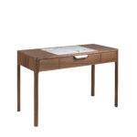 Comodino in noce con piano in vetro effetto marmo bianco e grigio lucido