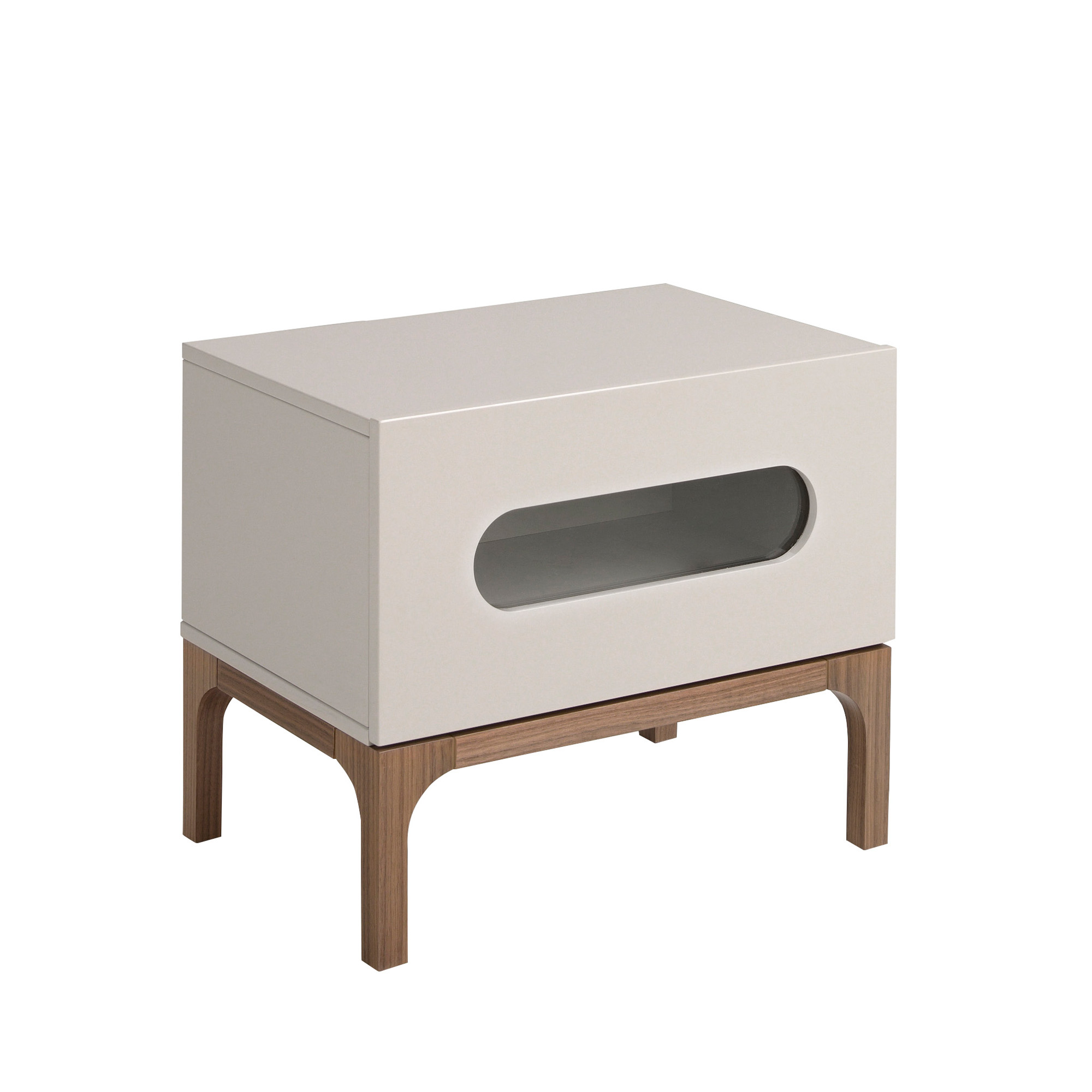 Gray and walnut wood bedside table with interior lighting