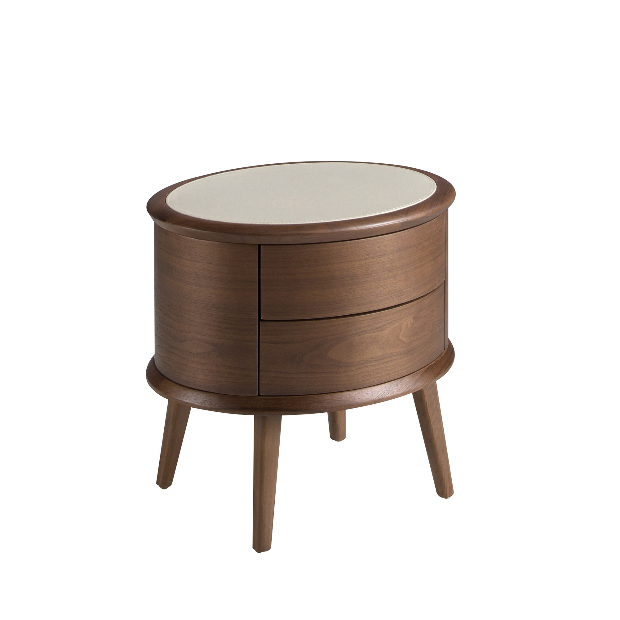 Table de chevet en noyer avec plateau en cuir couleur crème