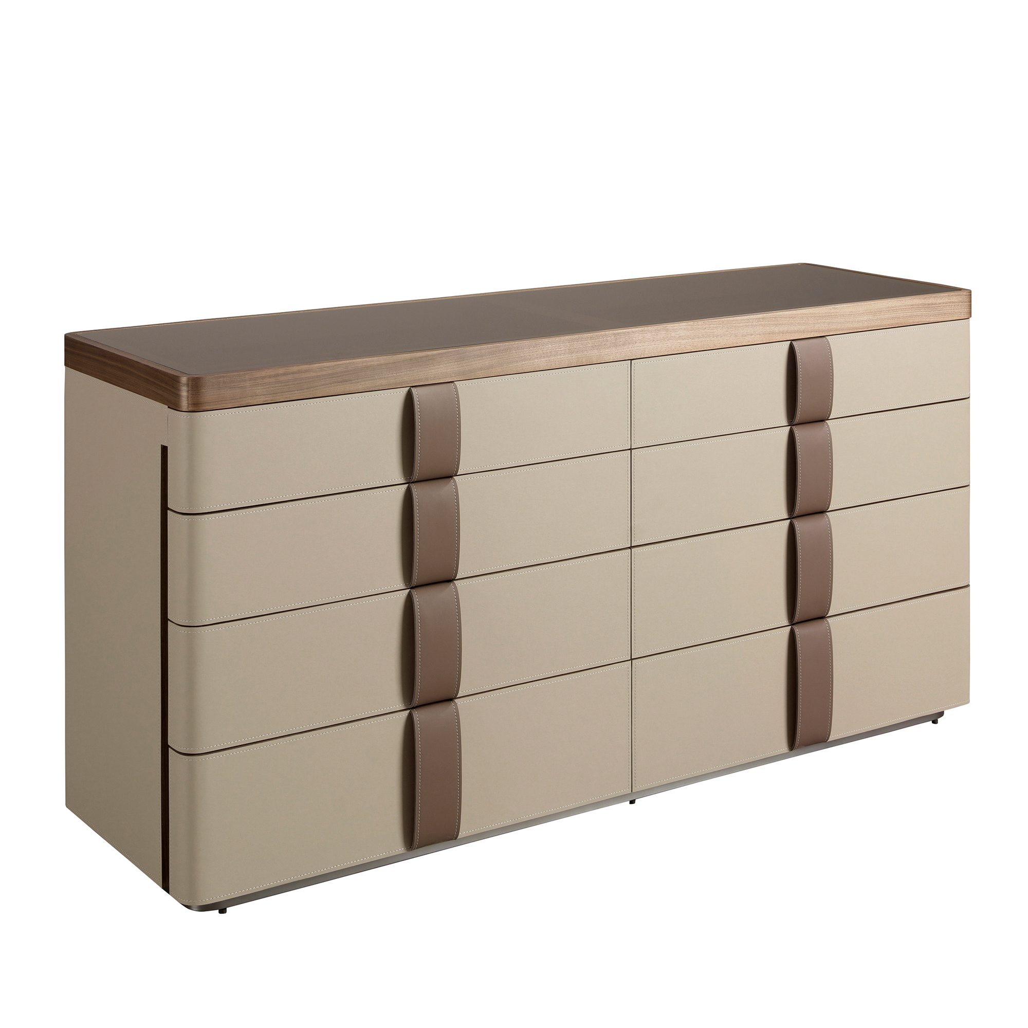 Commode en cuir, noyer, base en acier poli et plateau en verre fumé brun