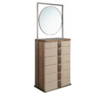 Chiffonier en cuir, noyer, acier gris et plateau en verre fumé brun avec miroir