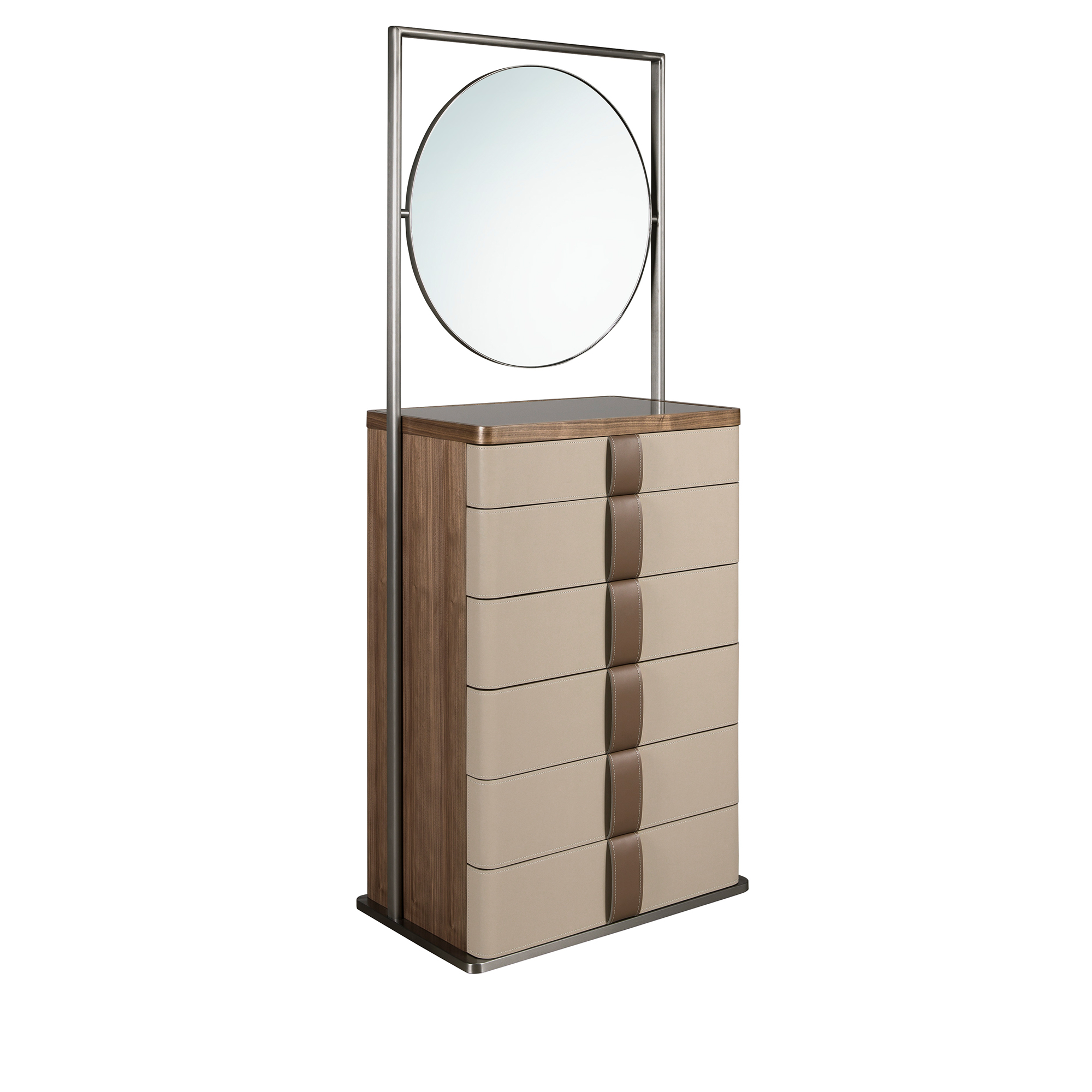 Chiffonier en cuir, noyer, acier gris et plateau en verre fumé brun avec miroir