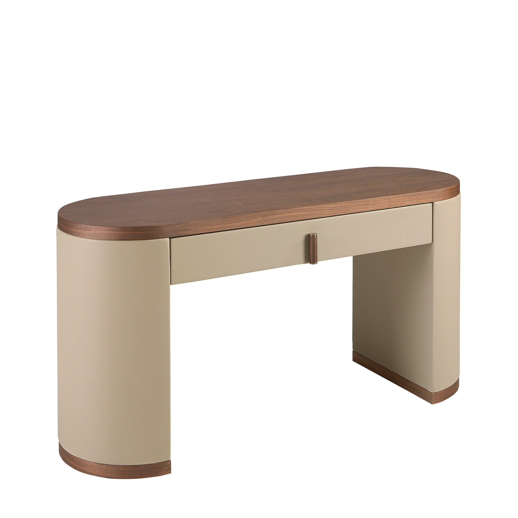 Escritorio tocador polipiel, nogal y madera tapizada en polipiel visón