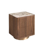 Table de chevet en noyer, acier poli doré et plateau en marbre céramique