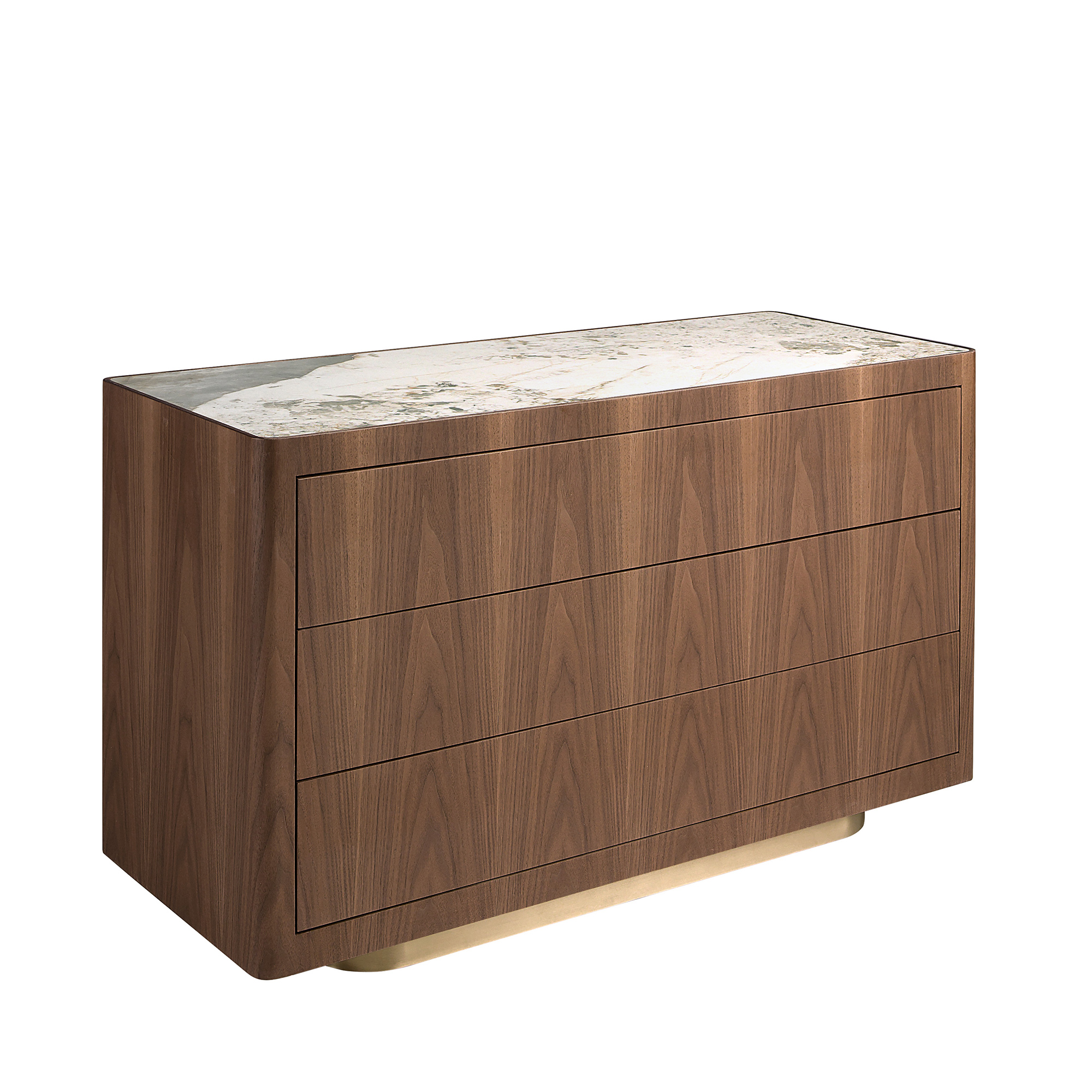 Commode en noyer, acier poli doré et plateau en marbre céramique