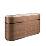 Commode en noyer, base en acier foncé et plateau en marbre céramique