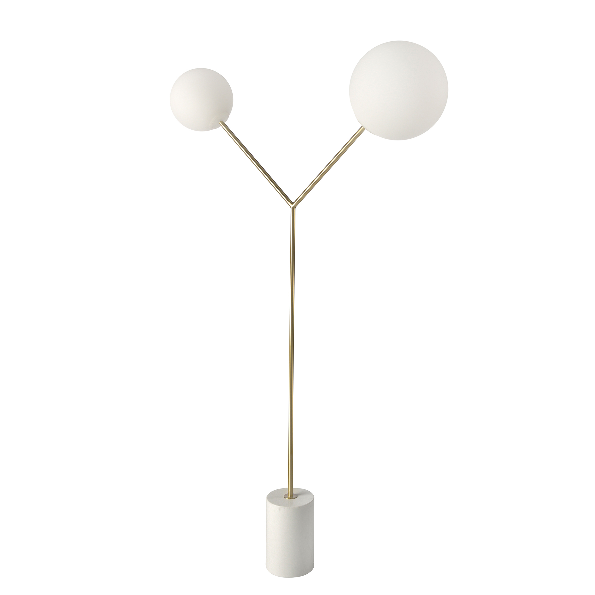 Lampada da terra in marmo calacatta, acciaio dorato e vetro bianco