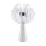 Chromed table lamp with decorative shade in translucent PVC sheets and porcelain marble base