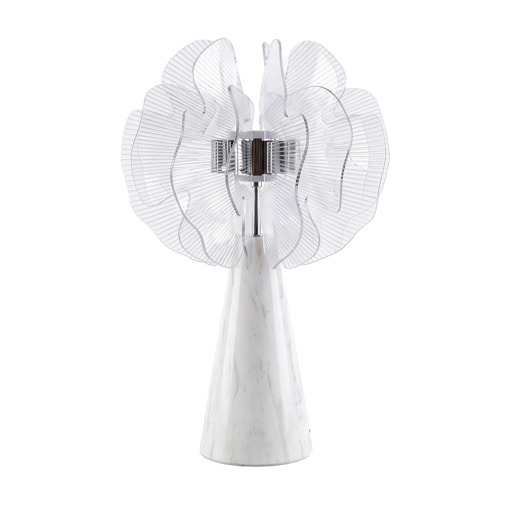 Chromed table lamp with decorative shade in translucent PVC sheets and porcelain marble base Chromed table lamp with decorative shade in translucent PVC sheets and porcelain marble base