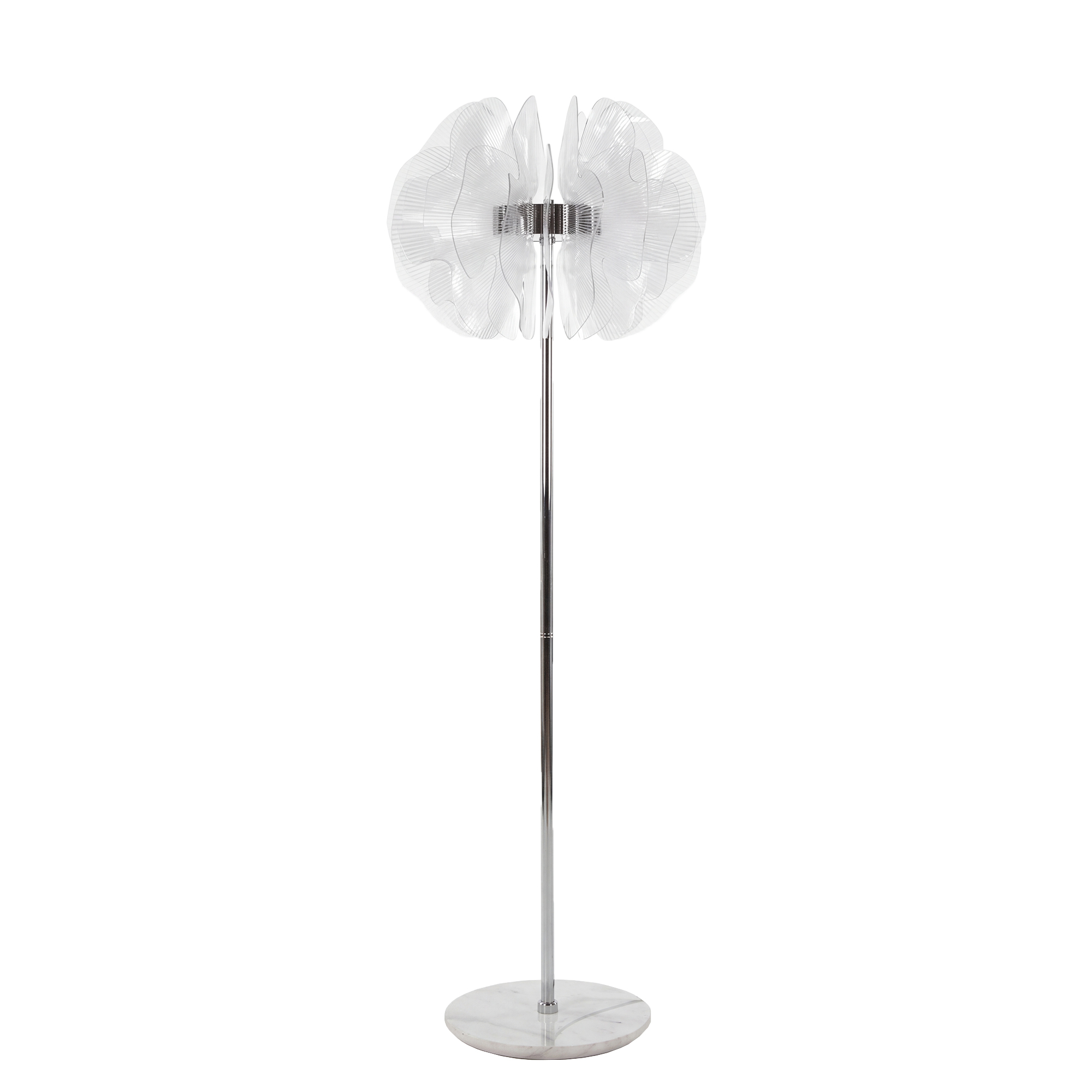 Chromed floor lamp with decorative shade in translucent PVC sheets and porcelain marble base Chromed floor lamp with decorative shade in translucent PVC sheets and porcelain marble base