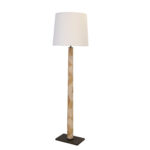Floor lamp with white shade and burl veneer wrapped body