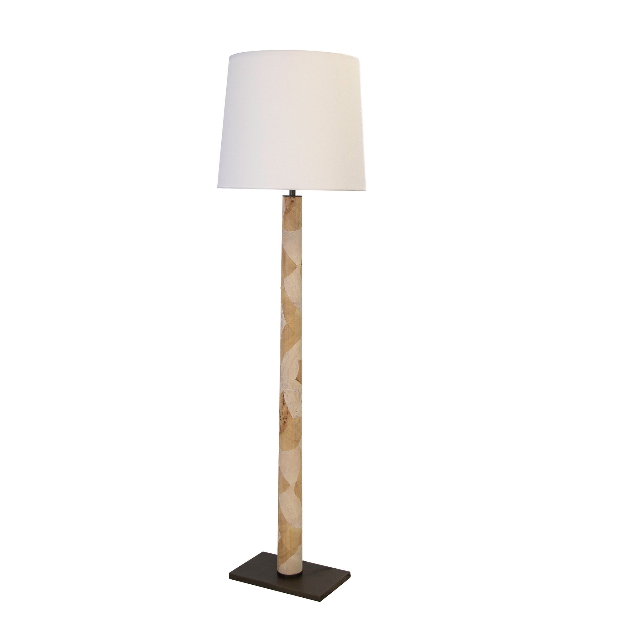 Floor lamp with white shade and burl veneer wrapped body Floor lamp with white shade and burl veneer wrapped body