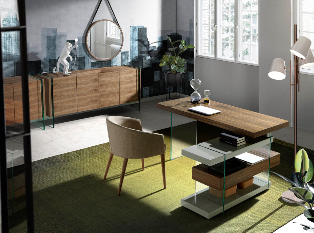 Sideboard in walnut veneered wood with tempered glass sides. Sideboard in walnut veneered wood with tempered glass sides.