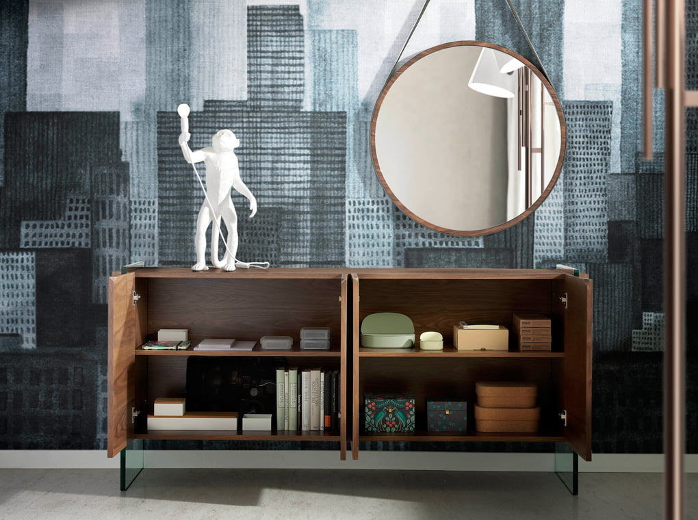 Sideboard in walnut veneered wood with tempered glass sides. Sideboard in walnut veneered wood with tempered glass sides.