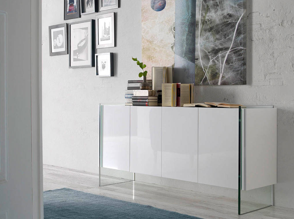 White wooden sideboard and tempered glass