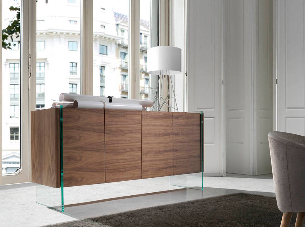 Sideboard in walnut veneered wood with tempered glass sides. Sideboard in walnut veneered wood with tempered glass sides.
