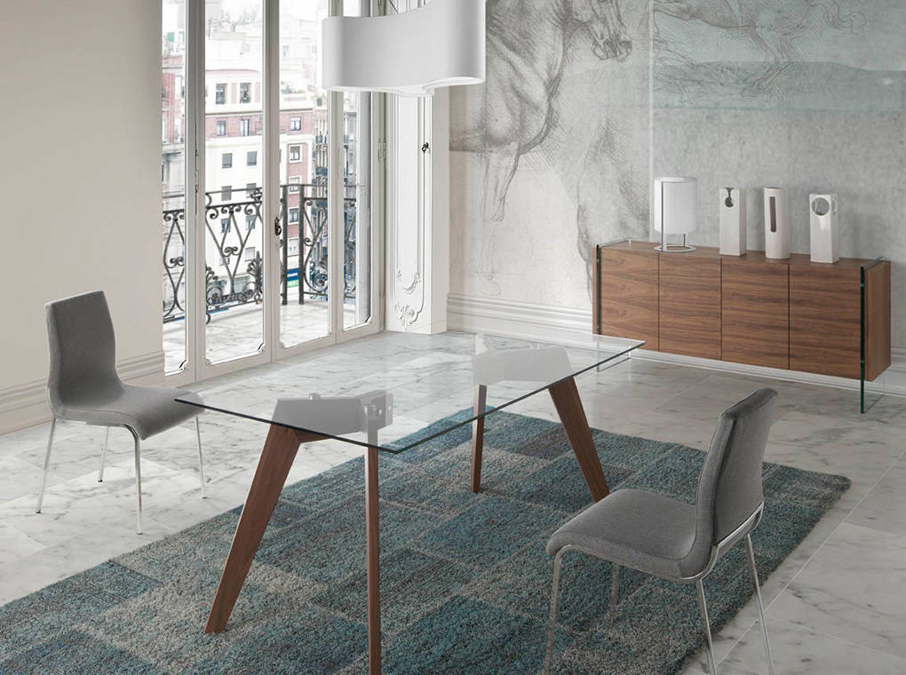Sideboard in walnut veneered wood with tempered glass sides. Sideboard in walnut veneered wood with tempered glass sides.