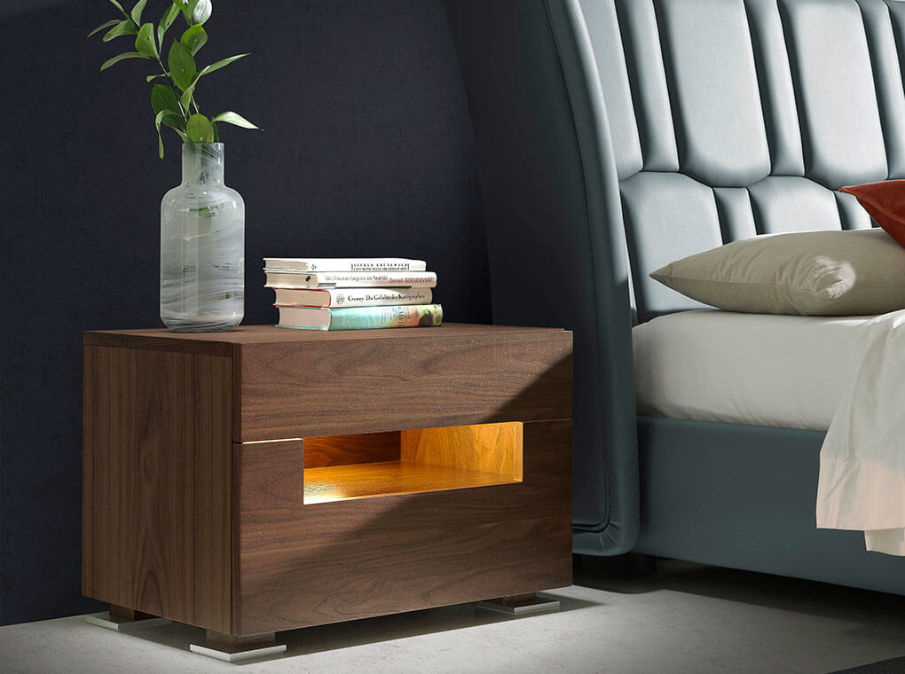 Walnut wood bedside table with interior led lighting