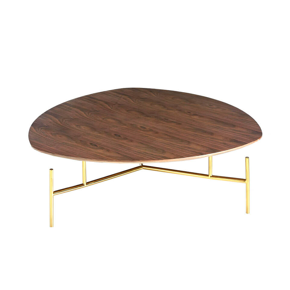 Table basse en bois de noyer et acier doré