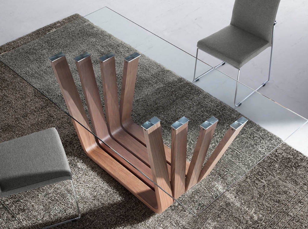 Tempered glass and walnut wood dining table Tempered glass and walnut wood dining table