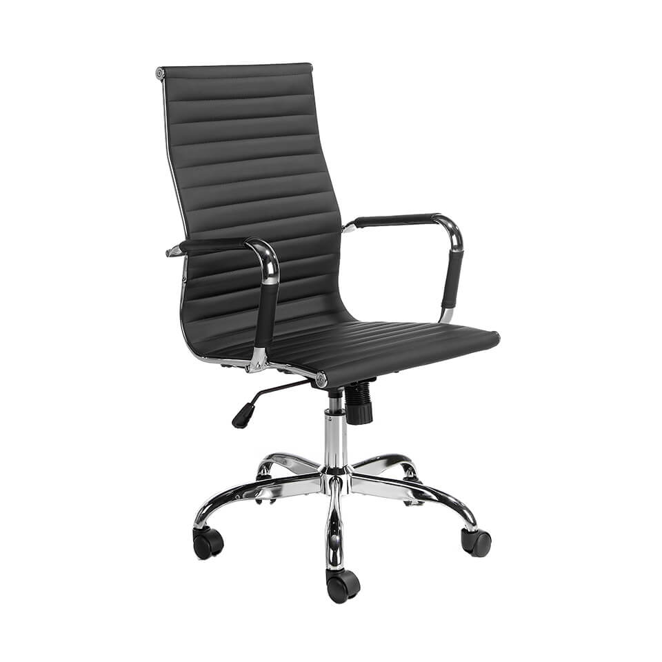 Swivel office chair upholstered in black leatherette with chromed steel frame Swivel office chair upholstered in black leatherette with chromed steel frame