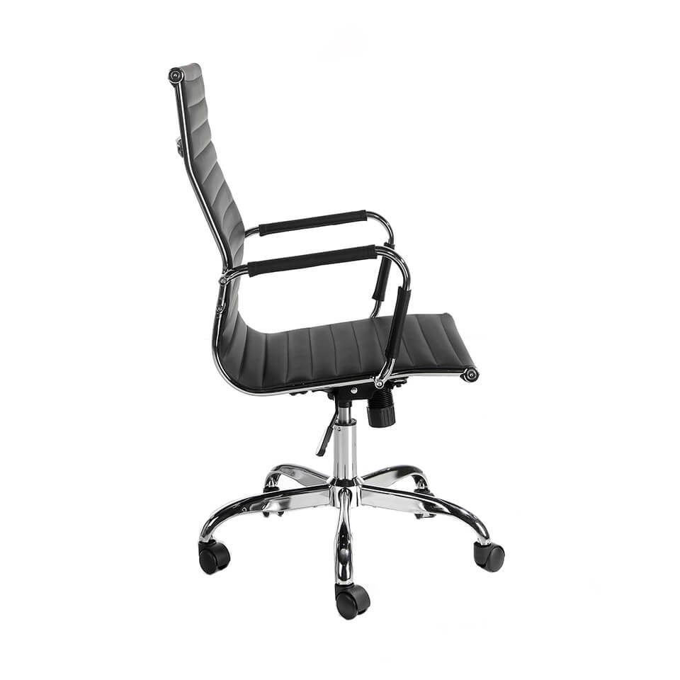 Swivel office chair upholstered in black leatherette with chromed steel frame Swivel office chair upholstered in black leatherette with chromed steel frame