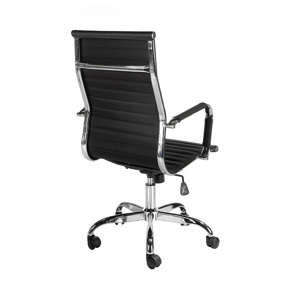 Swivel office chair upholstered in black leatherette with chromed steel frame Swivel office chair upholstered in black leatherette with chromed steel frame
