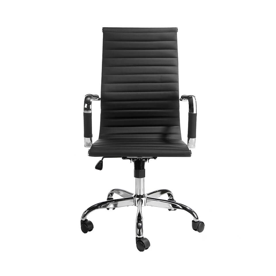 Swivel office chair upholstered in black leatherette with chromed steel frame Swivel office chair upholstered in black leatherette with chromed steel frame