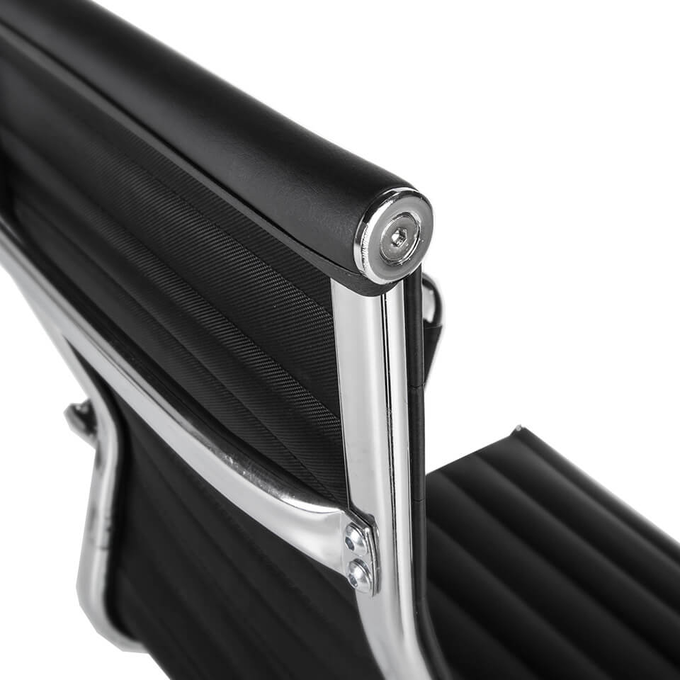 Swivel office chair upholstered in black leatherette with chromed steel frame Swivel office chair upholstered in black leatherette with chromed steel frame