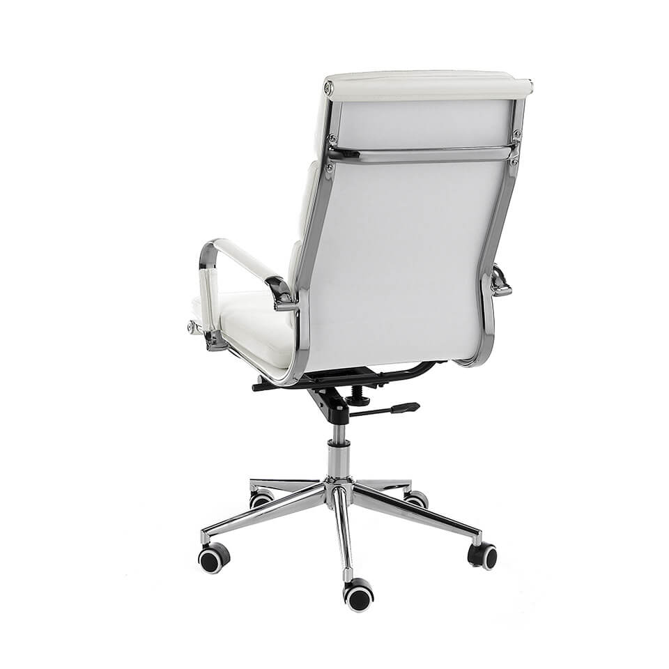 Swivel office chair upholstered in white leatherette with chromed steel frame