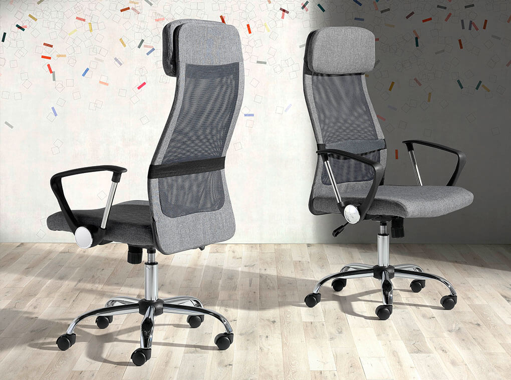 Gray swivel office chair with chromed steel frame