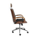 Swivel office chair upholstered in black leatherette with Walnut colored wooden structure