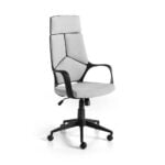 Office chair upholstered in gray fabric with armrests