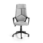 Office chair upholstered in gray fabric with armrests