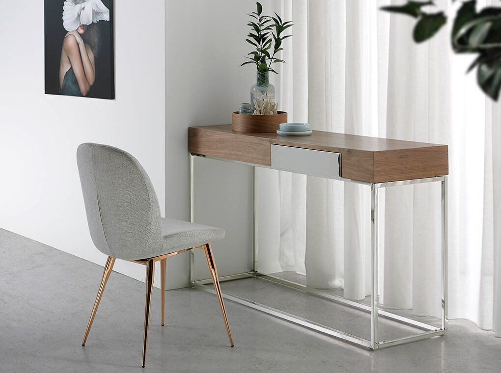 Console in walnut veneer with chrome steel legs Console in walnut veneer with chrome steel legs