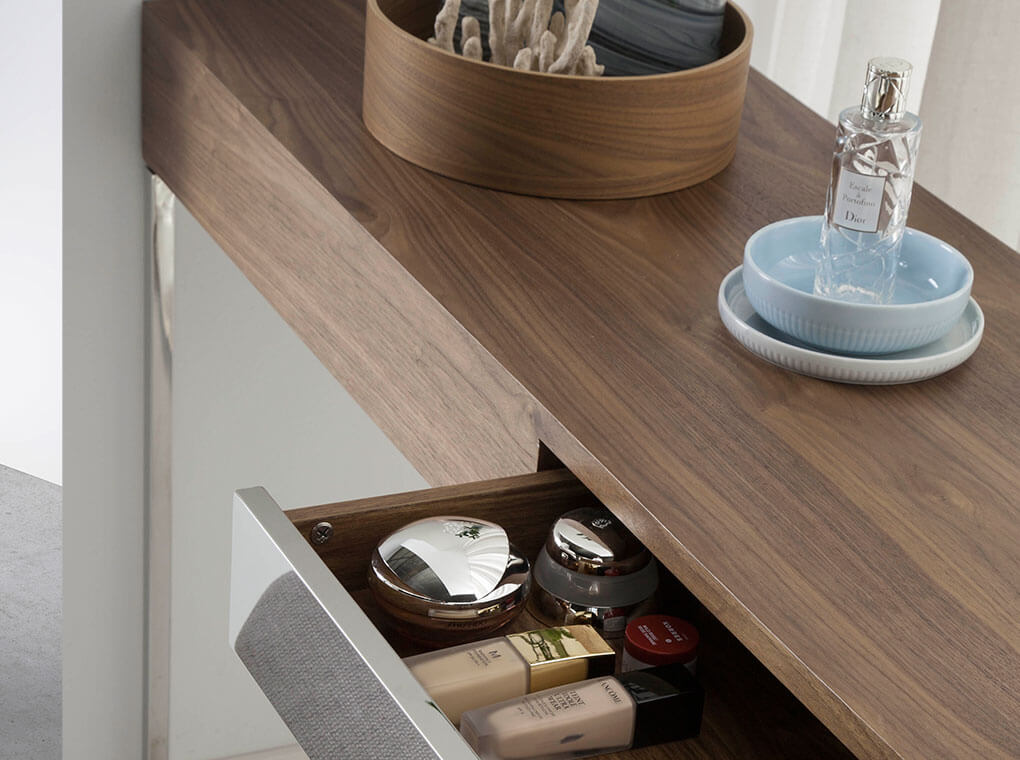 Console in walnut veneer with chrome steel legs Console in walnut veneer with chrome steel legs