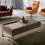 Walnut wood coffee table with hatch and chromed steel