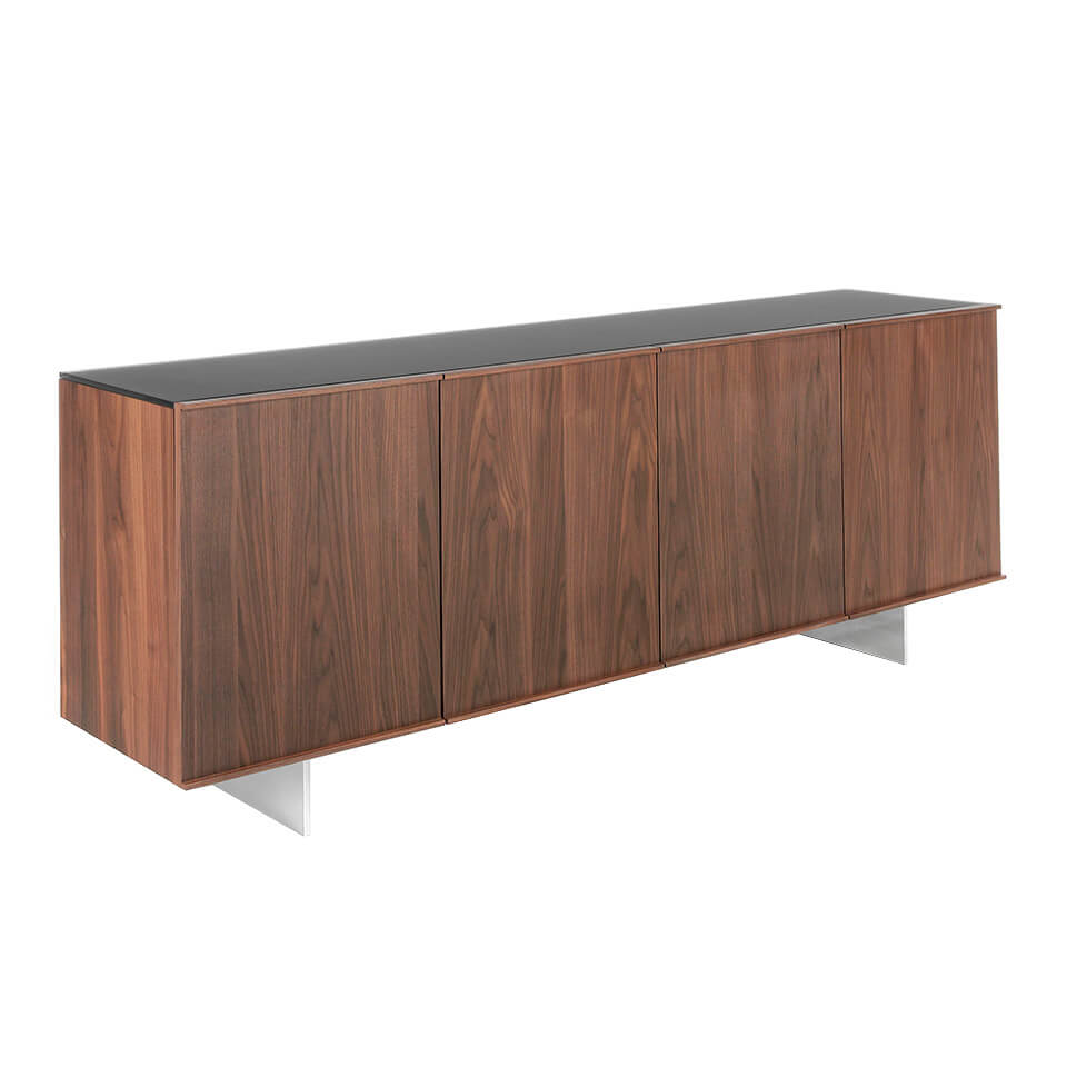 Sideboard manufactured in walnut plate with stainless steel legs and tempered glass top Sideboard manufactured in walnut plate with stainless steel legs and tempered glass top