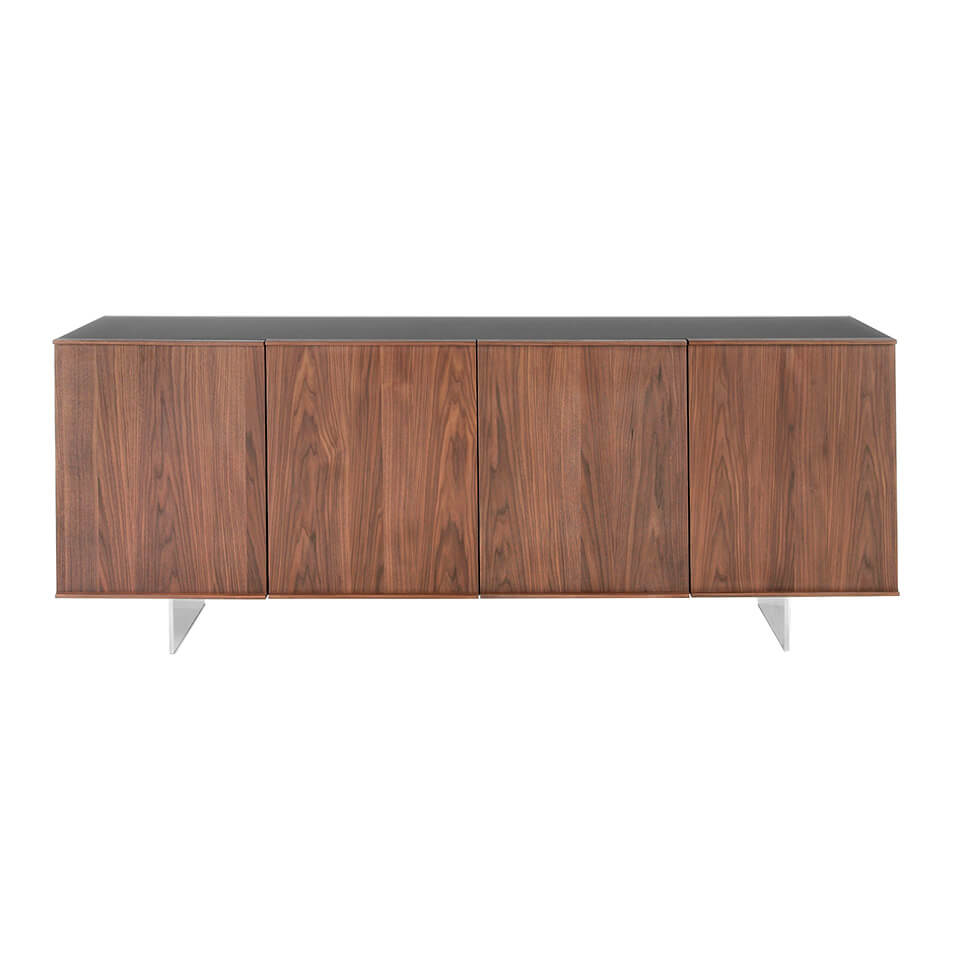 Sideboard manufactured in walnut plate with stainless steel legs and tempered glass top Sideboard manufactured in walnut plate with stainless steel legs and tempered glass top