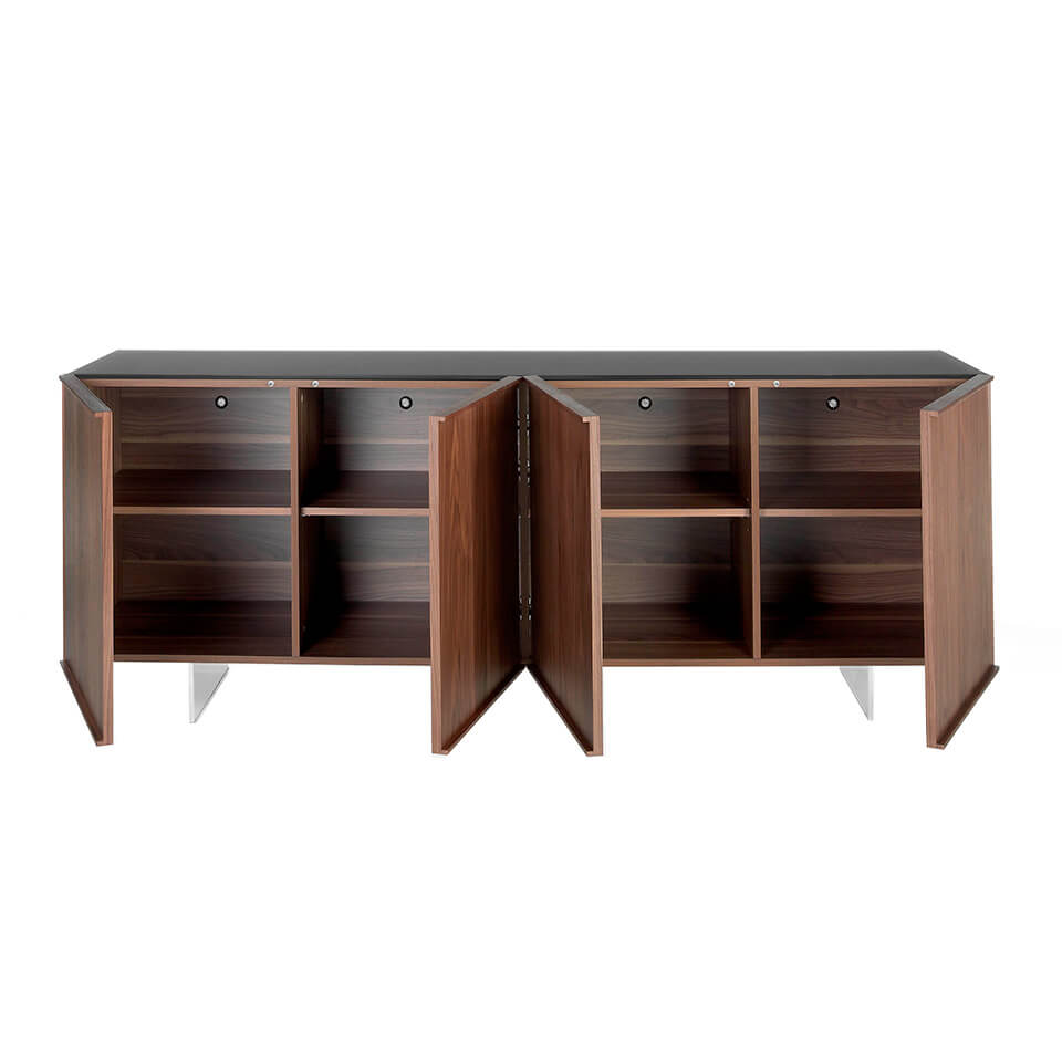 Sideboard manufactured in walnut plate with stainless steel legs and tempered glass top Sideboard manufactured in walnut plate with stainless steel legs and tempered glass top