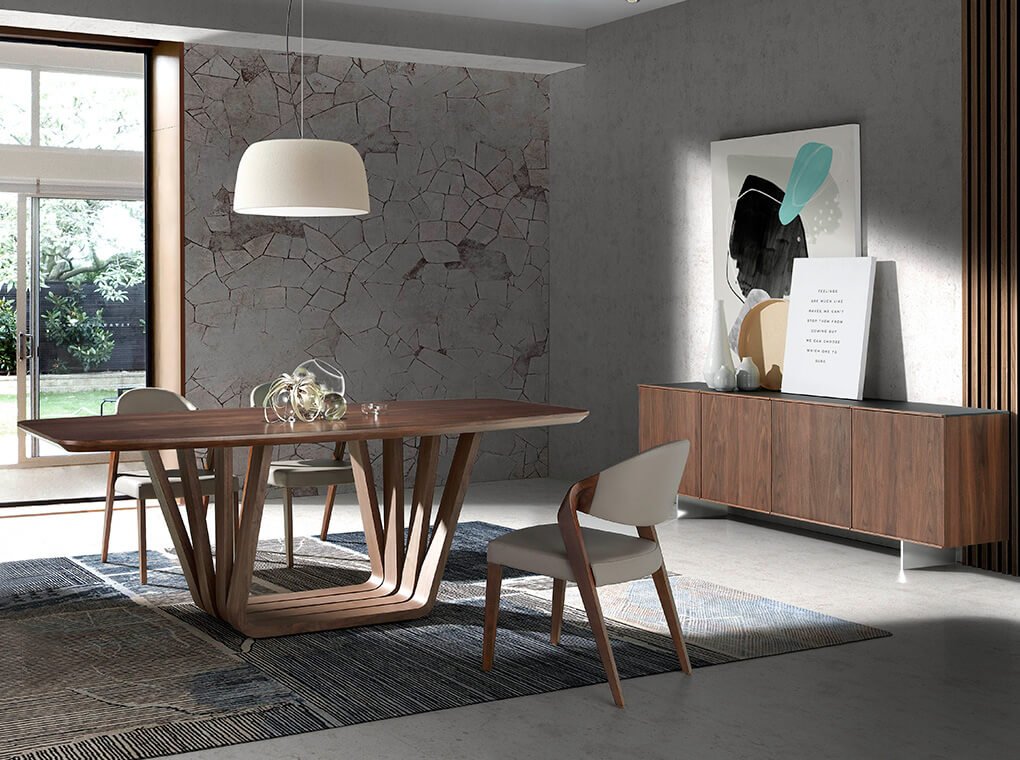 Sideboard manufactured in walnut plate with stainless steel legs and tempered glass top Sideboard manufactured in walnut plate with stainless steel legs and tempered glass top