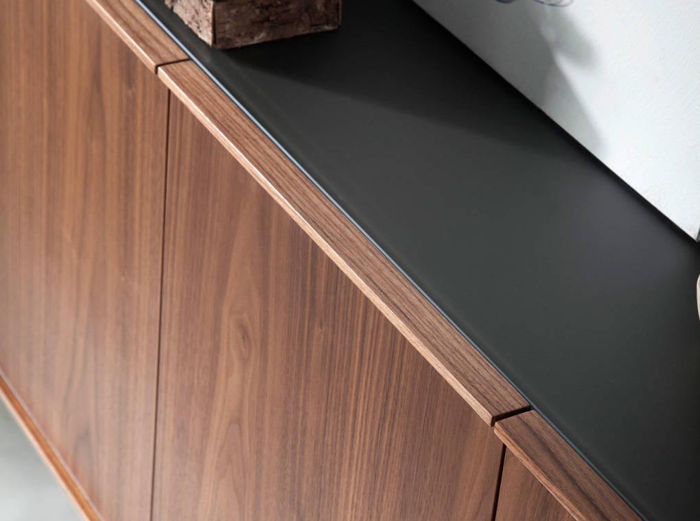 Sideboard manufactured in walnut plate with stainless steel legs and tempered glass top Sideboard manufactured in walnut plate with stainless steel legs and tempered glass top