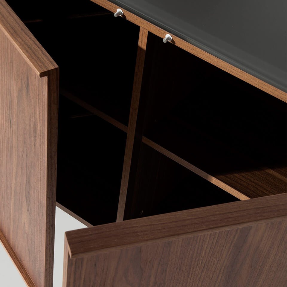 Sideboard manufactured in walnut plate with stainless steel legs and tempered glass top Sideboard manufactured in walnut plate with stainless steel legs and tempered glass top