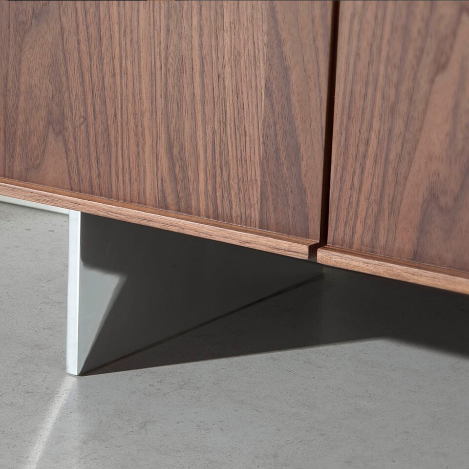 Sideboard manufactured in walnut plate with stainless steel legs and tempered glass top Sideboard manufactured in walnut plate with stainless steel legs and tempered glass top