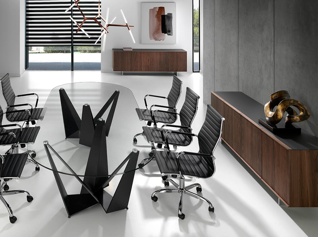 Sideboard manufactured in walnut plate with stainless steel legs and tempered glass top Sideboard manufactured in walnut plate with stainless steel legs and tempered glass top
