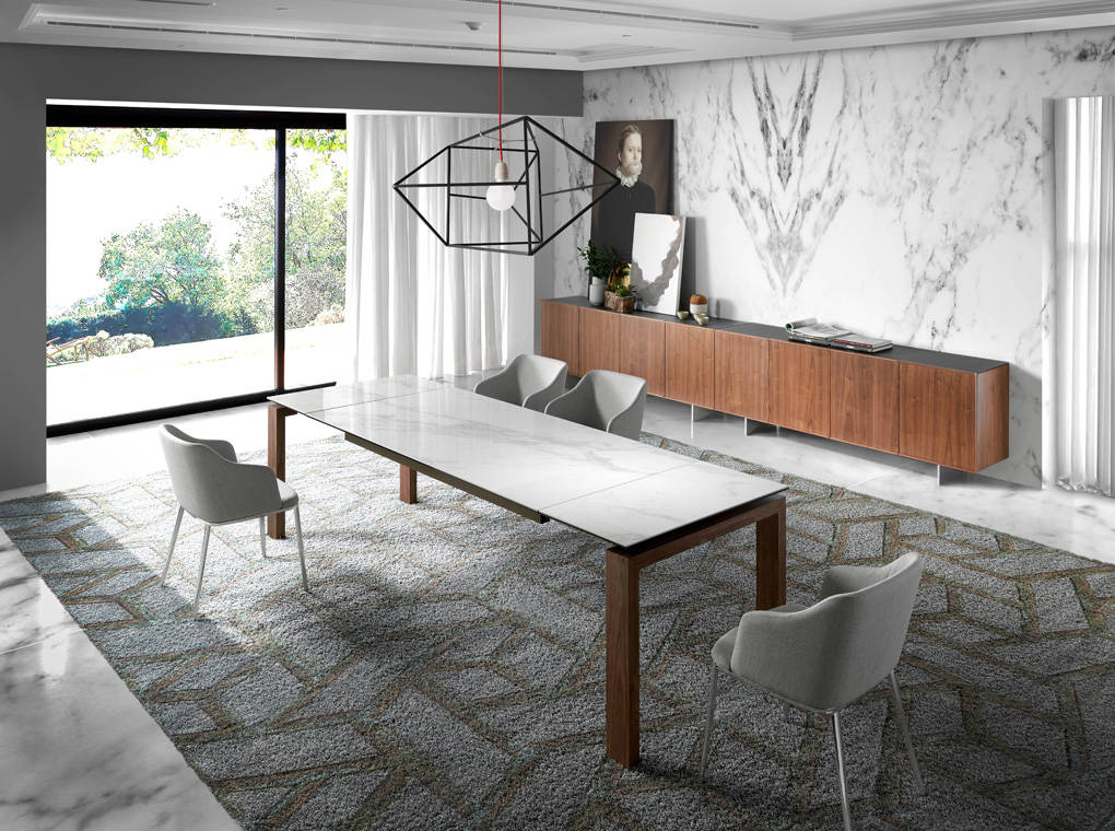 Sideboard manufactured in walnut plate with stainless steel legs and tempered glass top Sideboard manufactured in walnut plate with stainless steel legs and tempered glass top