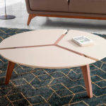 Round center table in cream wood and walnut wood