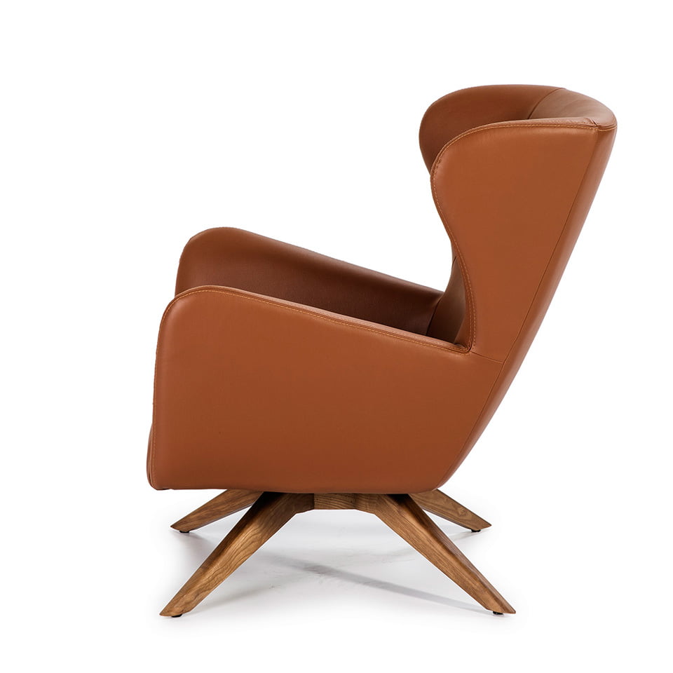 Swivel armchair upholstered in leatherette and Walnut wood legs