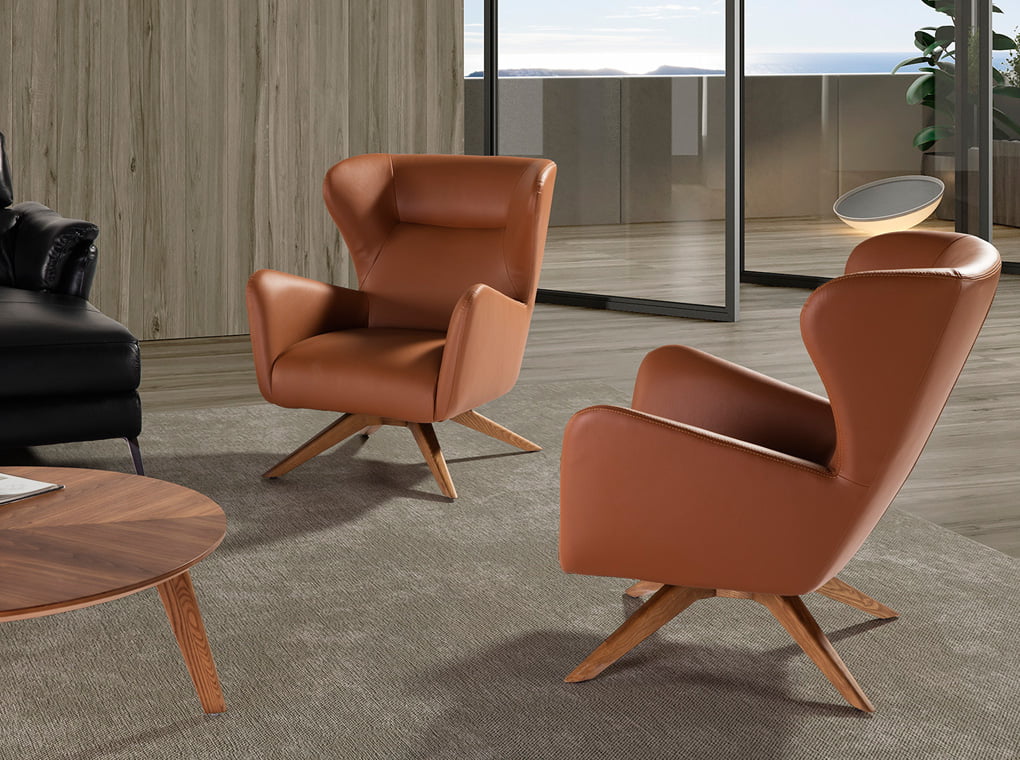 Swivel armchair upholstered in leatherette and Walnut wood legs