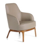 Armchair upholstered in leatherette and Walnut wood legs